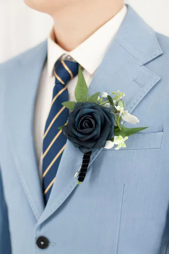 Vista 10 de Sinlge - Boutonniere blanco marfil para hombres, para boda, novio, padrinos de boda, color crema, flores de rosas artificiales para ceremonia