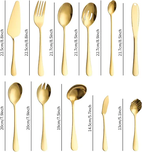 Vista 3 de Juego de utensilios de servicio de 11 piezas, juego de cubiertos modernos de acero inoxidable, cucharas, tenedor, cuchillo, cucharón, cubiertos