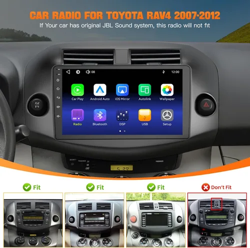 Vista 2 de Estéreo de radio de coche para Toyota RAV4 2007-2012 sin sistema de sonido JBLB, compatible con Carplay inalámbrico/Android Auto/Mirrorlink