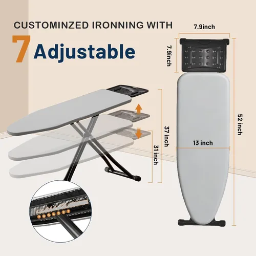 Vista 2 de Tabla de planchar, tabla de hierro de altura ajustable con soporte de hierro, mesa de hierro de metal plegable, soporte de hierro resistente