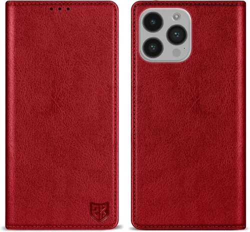 Vista 8 de ZZXX Funda tipo cartera para iPhone 14 con bloqueo RFID, soporte de ranura para tarjetas, funda protectora de cuero magnético fuerte plegable