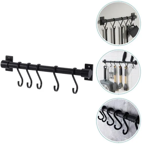 Vista 4 de Kichvoe Perchas de metal, 1 juego de utensilios de cocina, estante para ollas, barra de cacerola, colgador de pared de cocina, colgador de cucharas