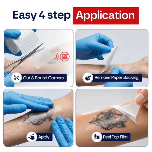 Vista 5 de Vendaje impermeable para el cuidado posterior del tatuaje, vendaje en rollo de película transparente de 10 pulgadas x 3.3 yardas, adhesivo elástico