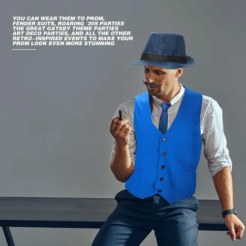 Vista 6 de Disfraz de los años 20 para hombre, atuendo con accesorios, chaleco de gángster de Gatsby, sombrero de fieltro, reloj de bolsillo vintage, tirantes