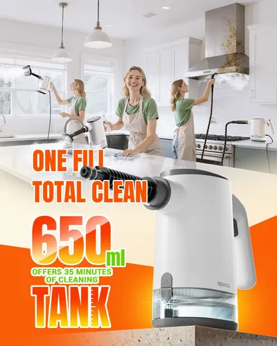 Vista 2 de [Usado] Limpiador de vapor de mano, calentamiento rápido de 15 segundos, vapor ajustable, tanque de agua grande de 22.1 fl oz, vaporizador portátil