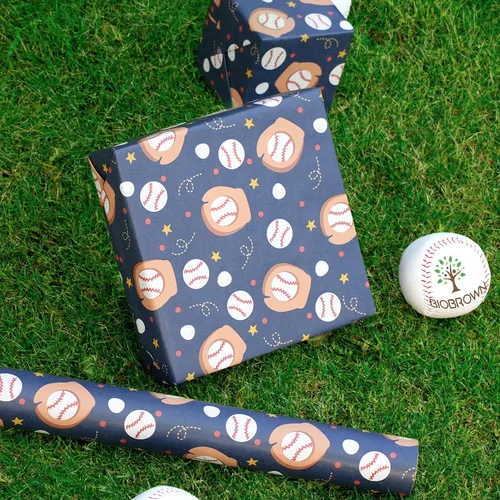 Vista 2 de BIOBROWN Papel de regalo de estraza de béisbol para niños, 17 pulgadas x 33 pies (47 pies cuadrados total) – Papel de regalo deportivo con diseño