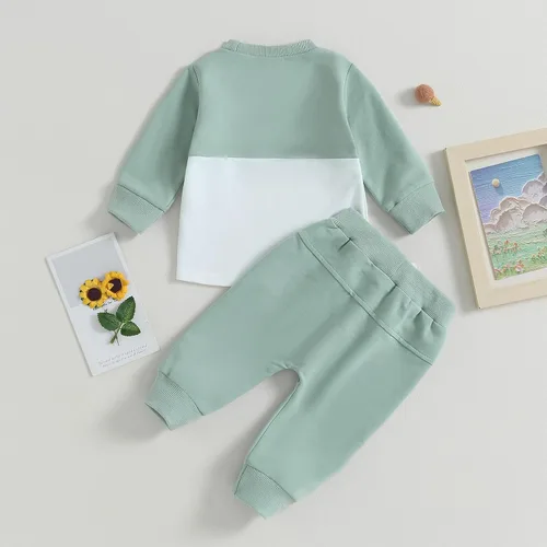 Vista 3 de 2 piezas de sudadera para bebé niño, ropa de bloque de color, manga larga, sudadera con pantalones deportivos para otoño