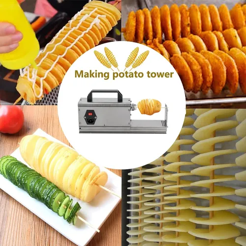 Vista 5 de Cortadora de patatas comerciales, cortador eléctrico en espiral para papas Tornado y papas fritas, máquina de corte de verduras de acero inoxidable