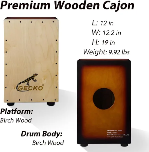 Vista 6 de GECKO Cajon BOX - Caja de percusión de madera con cuerdas internas ajustables para guitarra
