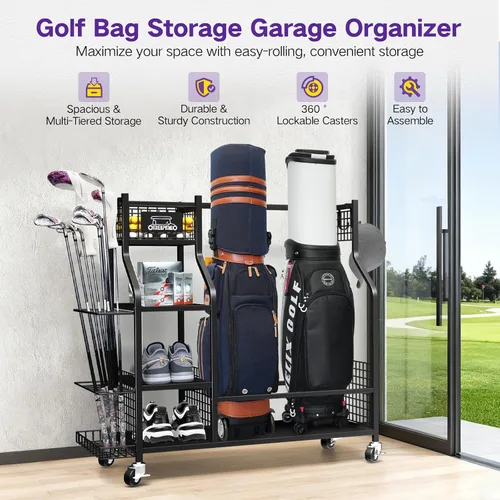 Vista 2 de Organizador de almacenamiento de bolsas de golf, soporte de almacenamiento para bolsas de golf y otros accesorios de equipo de golf, estante