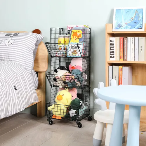 Vista 9 de Sonyabecca Cesta de Almacenamiento de Juguetes para Exteriores, Organizador de Cocina de Juego con 5 Ganchos en S, Carrito de Almacenamiento Rodante