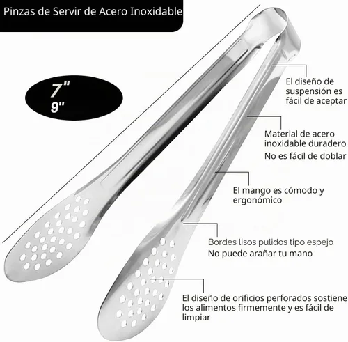 Vista 2 de Paquete de 6 pinzas para bufé, pinzas de acero inoxidable para servir utensilios de 7 pulgadas 6-piece silver set with perforated tips for salads
