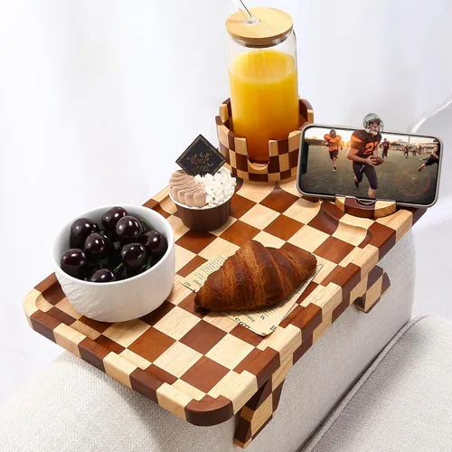 Vista 14 de Nnewvante Mesa de Brazo de Sofá con Tabla de Quesos, 4 en 1 Grande 15.7"x9.85" Madera de Acacia Bandeja con Clip para Brazo de Sofá con 360°