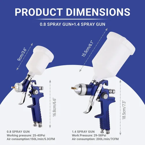 Vista 6 de Kit profesional de pistola pulverizadora de alimentación por gravedad HVLP 2 en 1 (0.055 in, 20.3 fl oz + 0.031 in 4.2 fl oz) con regulador