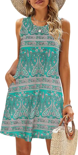 Vista 92 de SimpleFun - Vestidos de verano para mujer, camiseta floral, vestido de playa de estilo bohemio, informal, con bolsillos y sin mangas