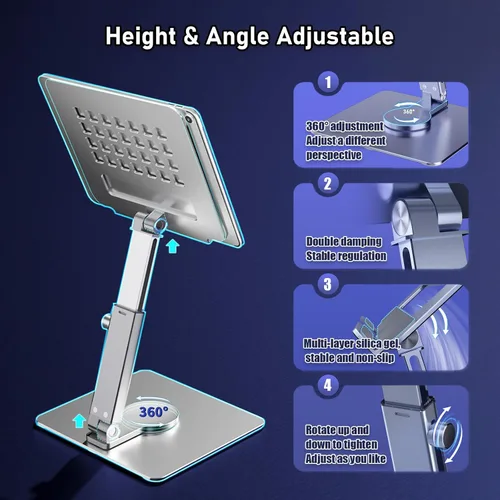 Vista 2 de Soporte para iPad, altura ajustable con base giratoria de 360 grados para escritorio, soporte de tableta de aleación de aluminio compatible con i