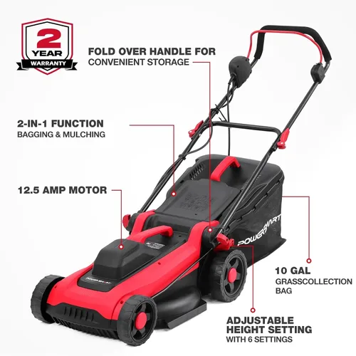 Vista 2 de PowerSmart - Cortacésped eléctrico con cable de 14 pulgadas, 12.5 amperios, altura de mango ajustable, 6 alturas de corte, bolsa de colección de 10
