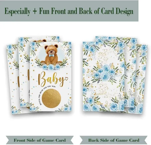 Vista 2 de Juego de 50 Woodland Bear Scratch Off, tarjeta de dibujo de rosa de oso azul, actividades de fiesta, decoraciones y suministros, es un niño