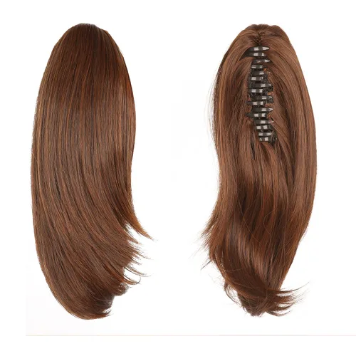 Vista 100 de Extensiones de cola de caballo, extensiones de cabello de cola de caballo con clip de garra marrón oscuro para mujer, pieza de cabello rizado