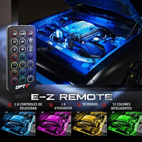 Vista 3 de OPT7 Aura Engine Bay - Kit de luz LED RGB con control remoto, 4 tiras de luz impermeables de 12 pulgadas para debajo del capó, modo multicolor