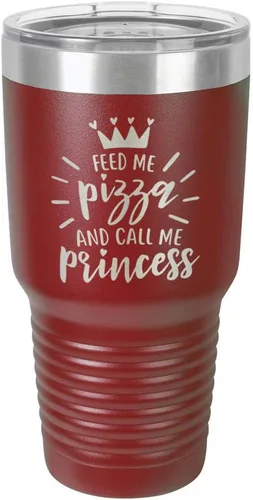 Vista 10 de Vaso grabado con pajita y tapa superior deslizante de acero inoxidable para viaje con texto en inglés "FEED ME PIZZA AND CALL ME PRINCESS