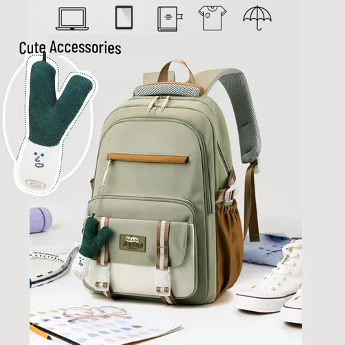 Vista 5 de Mochila Kawaii con bonitos accesorios colgantes, bolsa de viaje, grande, impermeable, informal, para mujeres y hombres, Verde, Mochila Kawaii