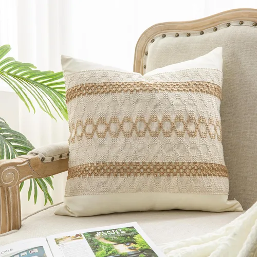 Vista 16 de 1 funda de almohada para sala de estar, algodón y arpillera, estilo bohemio decorativo para el hogar (beige y azul, 16 x 16 pulgadas)