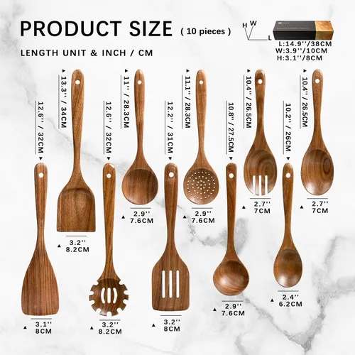 Vista 2 de cucharas de madera para cocinar, juego de utensilios de cocina antiadherentes con 10 piezas de espátulas y cucharas de madera de acacia