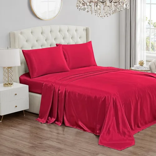 Vista 16 de Juicy Couture Juego de sábanas de satén de tamaño individual, juego de sábanas sedosas de bolsillo profundo con 1 sábana bajera, 1 sábana encimera