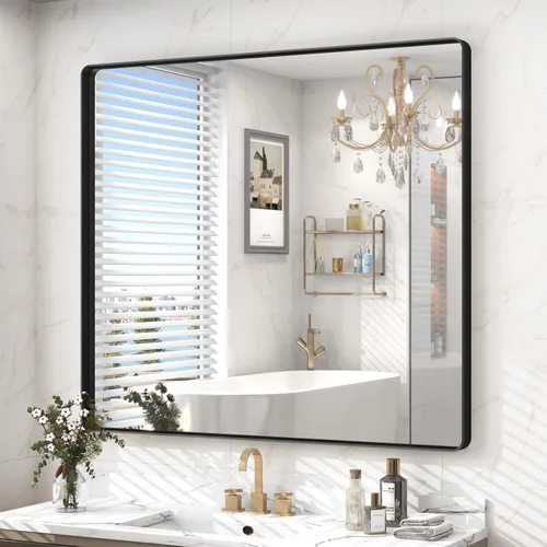 Vista 21 de Espejo rectangular para pared de baño de 20x30 pulgadas con marco negro mate, espejo de tocador con esquinas redondeadas, espejo de baño de metal