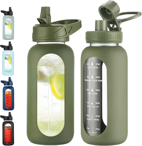 Vista 24 de EALGRO Botella de agua de vidrio de 32 onzas con popote y asa, frasco de agua motivacional deportivo con funda de silicona, taza grande a prueba