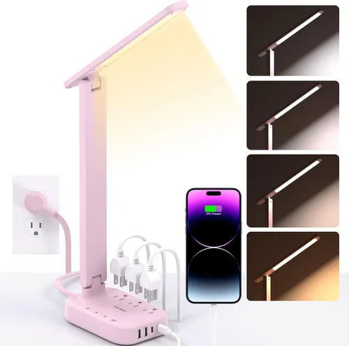 Vista 12 de One Beat Pequeña lámpara LED de escritorio, cable de extensión de 5 pies con 3 tomas, 4 puertos USB (2 USB C), 4 modos, lámpara táctil de 5 niveles