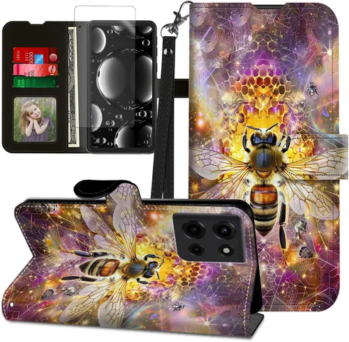 Vista 225 de Funda para Motorola Edge 2022 con protector de pantalla, soporte y tarjetero y correa para la muñeca, funda magnética para Moto Edge 2022 5G UW Lobo