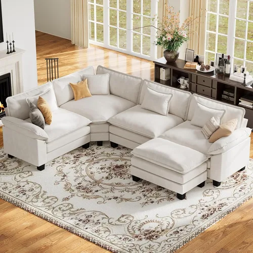 Vista 11 de Sofá modular de gran tamaño de 154 pulgadas, cómodo sofá en forma de U con 3 otomanas móviles, sofá moderno de felpilla de 7 plazas para sala