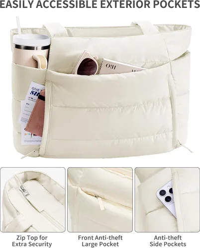 Vista 5 de Bolsa Tote Acolchada para Mujeres, Bolsa de Mano de Trabajo Ligera y Esponjosa para Maestras y Enfermeras, Bolsa de Hombro Acolchada para Escuela