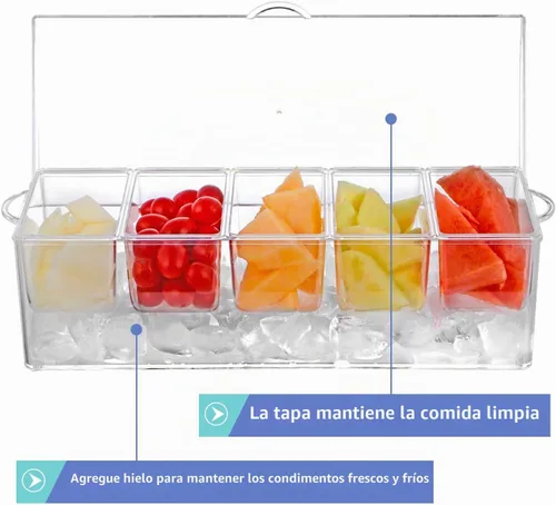 Vista 4 de MOLIGOU Servidor de condimentos refrigerado con tapa, bandeja de condimentos refrigerados con 5 compartimentos extraíbles, recipientes para servir