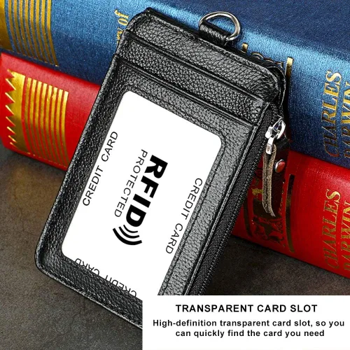 Vista 7 de plplaaoo Soporte para tarjetas, bloqueo RFID, identificación de piel de vaca, collar vertical con cordón, ranura transparente de alta definición