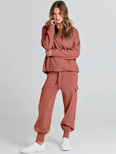 Vista 7 de ANRABESS Conjuntos de dos piezas para mujer, conjuntos de suéter de punto de manga larga, sin botones, pantalones cargo para correr, conjunto a