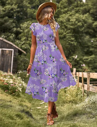 Vista 2 de YESNO Vestidos de verano para mujer, con volantes, manga casquillo, vestido casual bohemio con corpiño fruncido con bolsillos, E05