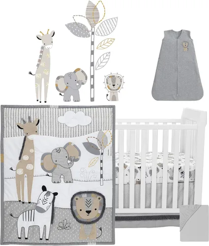Vista 2 de Lambs & Ivy Jungle Safari - Juego de ropa de cama para cuna de bebé de 6 piezas, color gris/bronceado/blanco