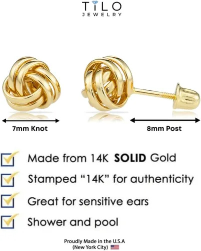 Vista 4 de Aretes de oro de 14 quilates con nudo de amor para mujer con poste largo de rosca