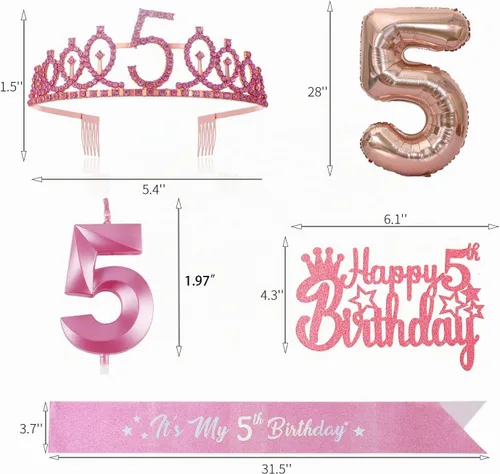 Vista 2 de Banda y Tiara de Cumpleaños de 5 Años con Vela, Banda de Cumpleaños de "Es Mi Cumpleaños" con Corona de Diamantes de Imitación y Globo para Niñas
