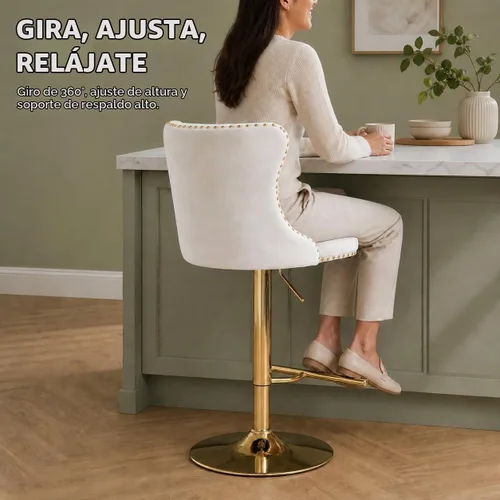 Vista 8 de Juego de 2 taburetes de bar giratorios de altura de mostrador, taburetes de bar de isla de cocina color crema, sillas de terciopelo ajustables