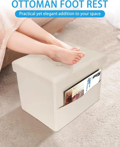 Vista 3 de Otomana con taburete de almacenamiento, otomana plegable de almacenamiento de 17 pulgadas, reposapiés tapizado de cuero con bolsillos laterales