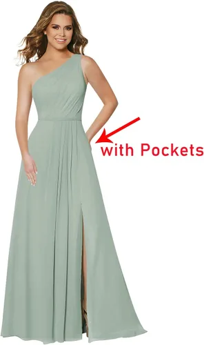 Vista 2 de DFDG Vestido largo de dama de honor de un hombro para mujer con bolsillos plisado de gasa con abertura 12 Rojo 12