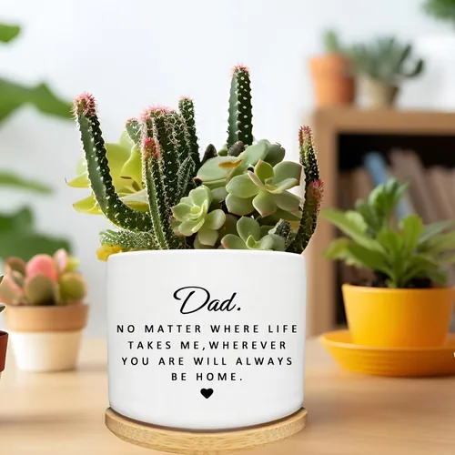 Vista 4 de Maceta para Suculentas para Papá - Linda Maceta de 3 Pulgadas Regalo para Papá de Hija o Hijo con Bandeja de Bambú, Mejores Regalos de Jardinería