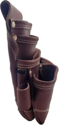 Vista 6 de Funda para uñas de carpintero de cuero dorado 3350DP, cuero marrón, 5 bolsillos Cuero curtido al aceite con costuras reforzadas y 2 presillas