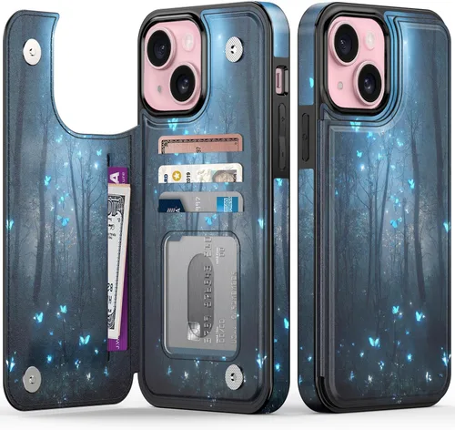 Vista 153 de FUNMIKO Funda tipo cartera para iPhone 15 con tarjetero + clip para efectivo, bloqueo RFID, protección contra caídas de grado militar y obras