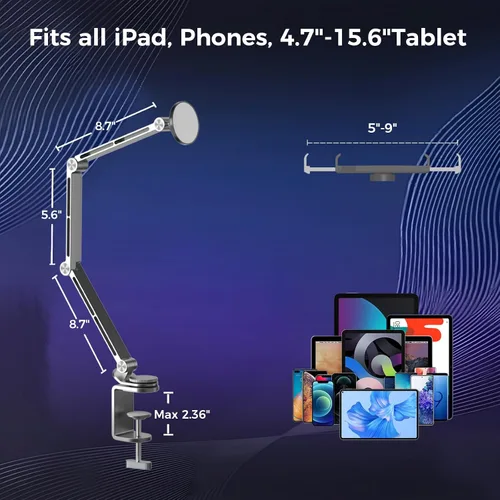Vista 5 de Soporte para tablet para escritorio, soporte de escritorio para iPad, soporte magnético para tableta para escritorio, soporte de brazo plegable