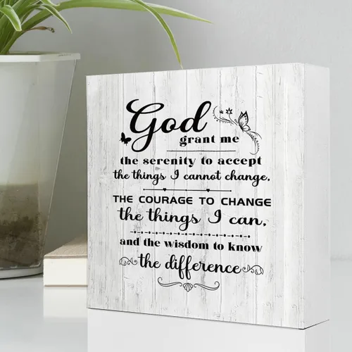 Vista 3 de Letrero de madera con texto en inglés «God Grant Me the Serenity to Accept The Things I Cannot Change», decoración de escritorio con versículo